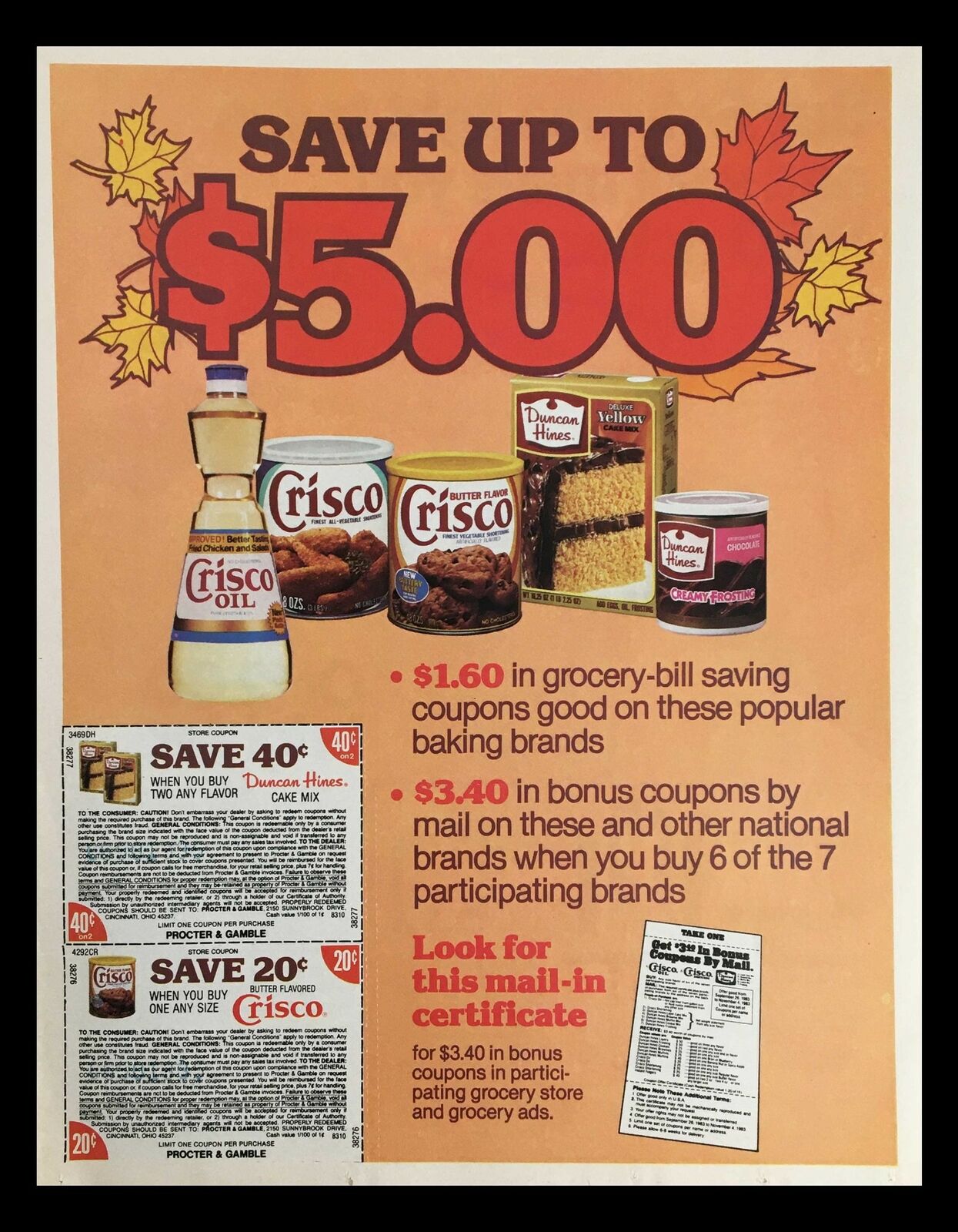 1983 Crisco Oil & Duncan Hines Deluxe Cake Mix Circular Coupon Advertisement