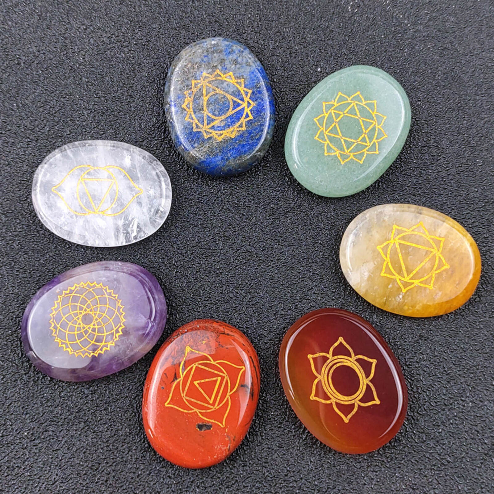 7 Pieces Natural Chakra Stones Set Reiki Healing Crystal Engraved Chakra Symbols