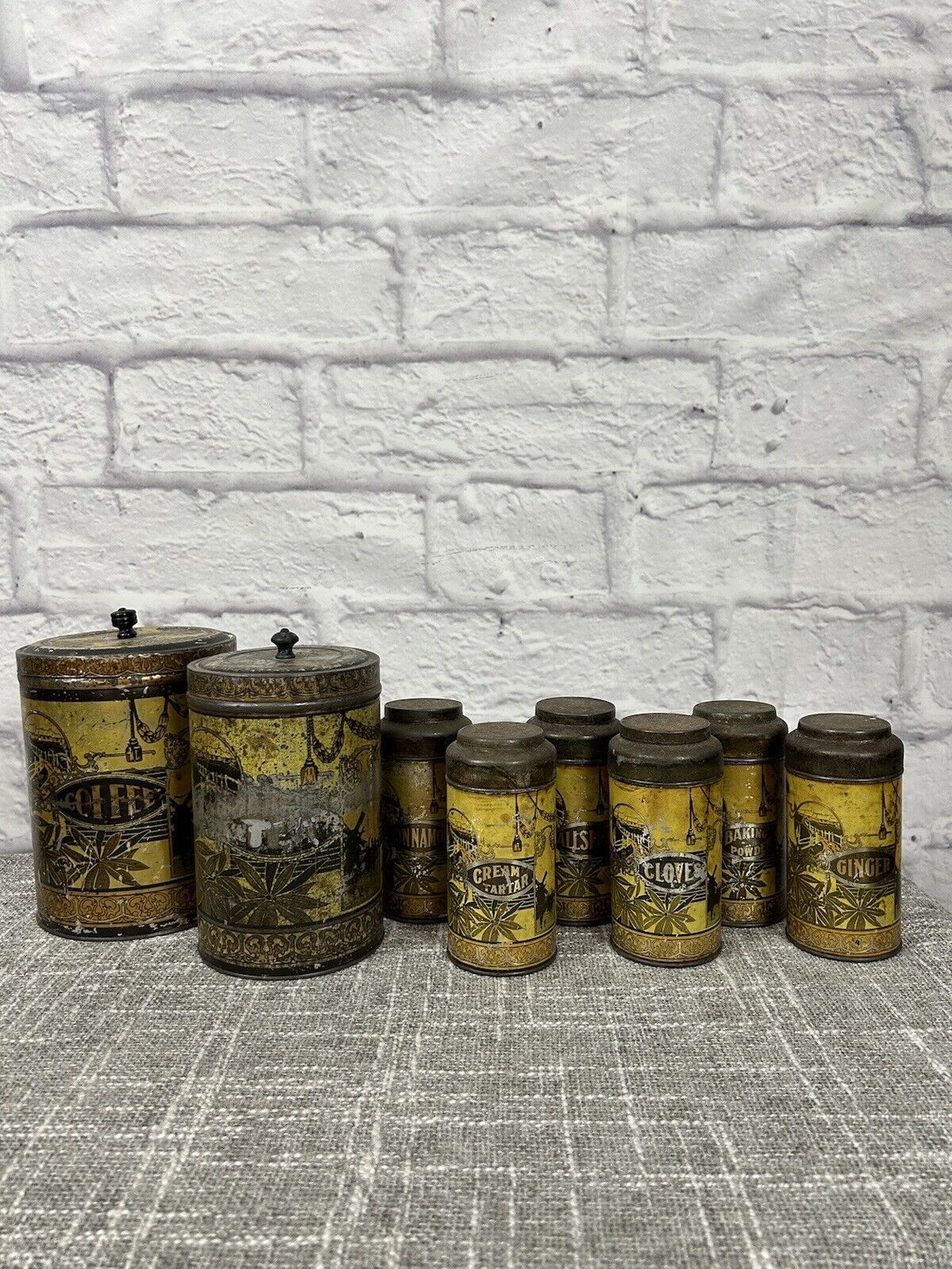Vintage Hoosier Tin Spice Jars Canisters Set 8 Pcs Art Deco 20s Woman Litho