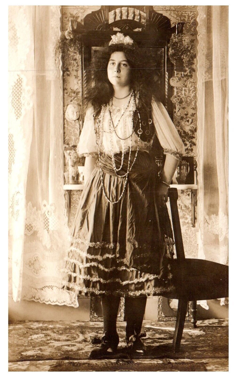 RPPC Beautiful Young Woman Flowing Traditional Dress 6 Necklaces Postcard c.1910