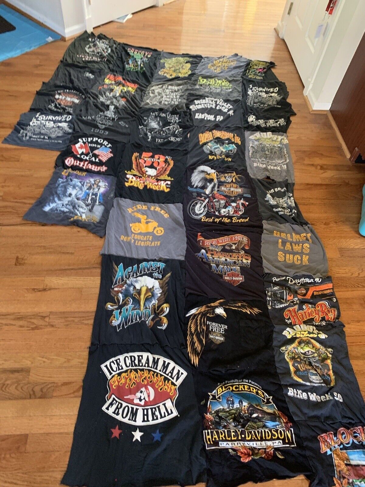 Vintage Cut Front Of Harley Davidson Shirts ,made Into A Hanging Banner Unique