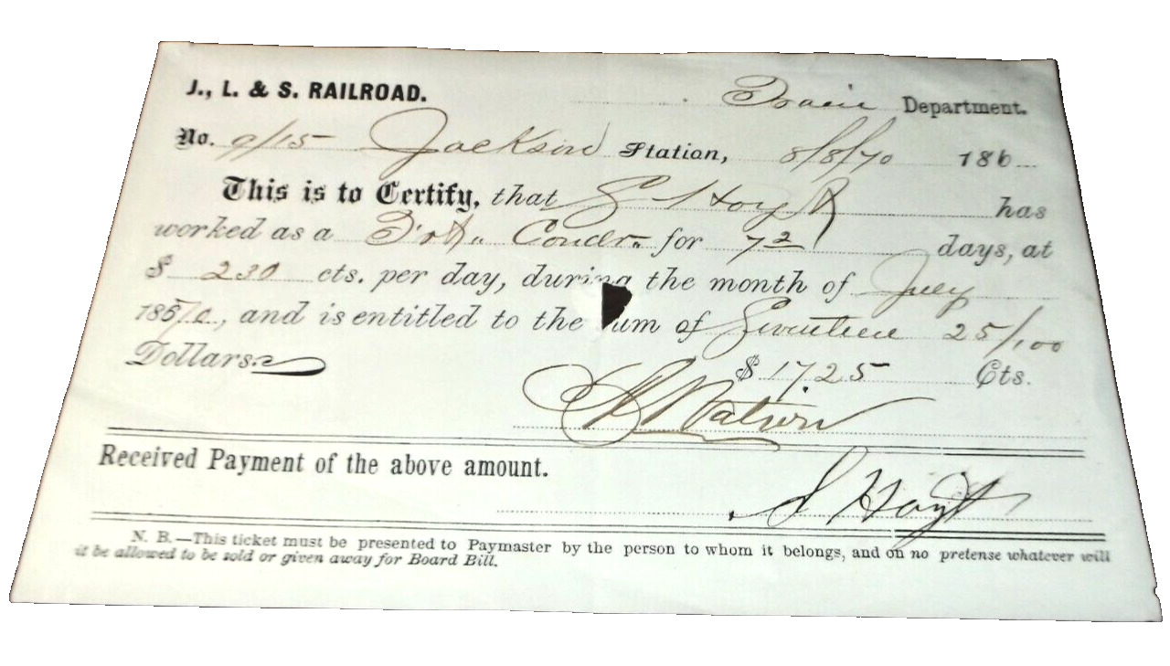 AUGUST 1870 JACKSON LANSING & SAGINAW MICHIGAN CENTRAL NYC EMPLOYEE PAY RECEIPT
