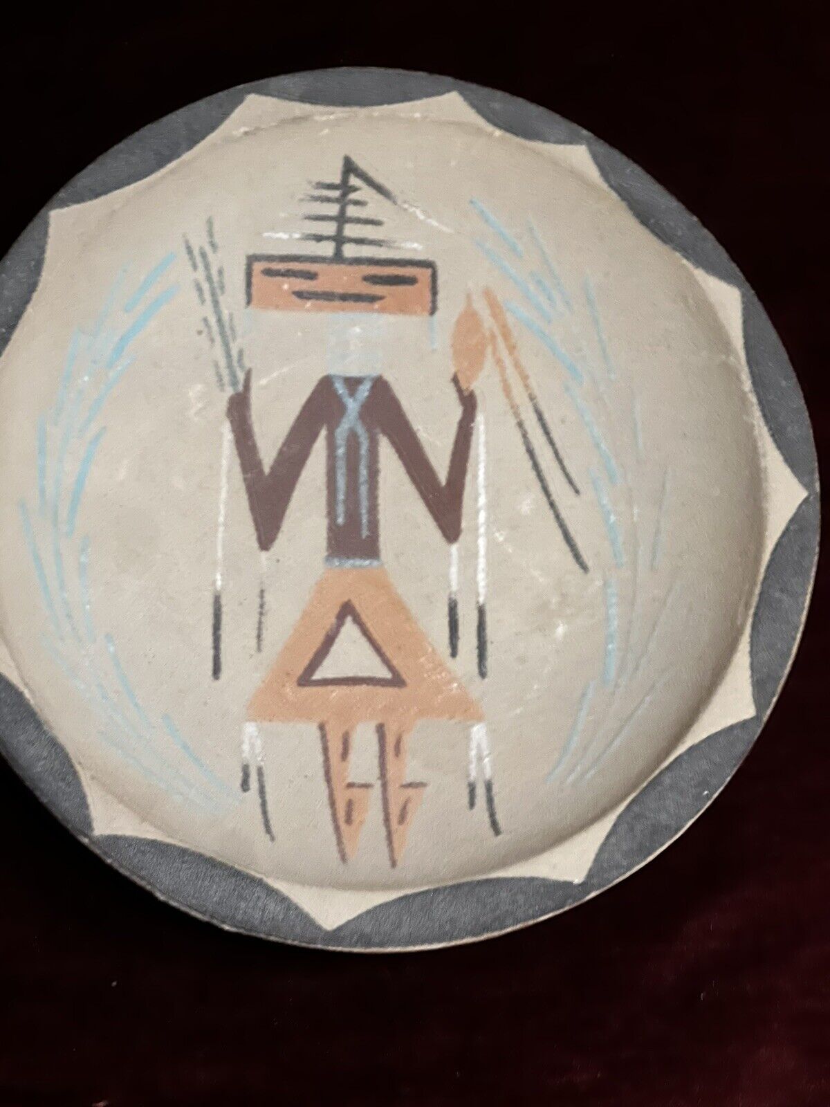 Vtg Navajo Sand Painting Bowl Traditional Design 9”Diameter VTG Shirley Vail