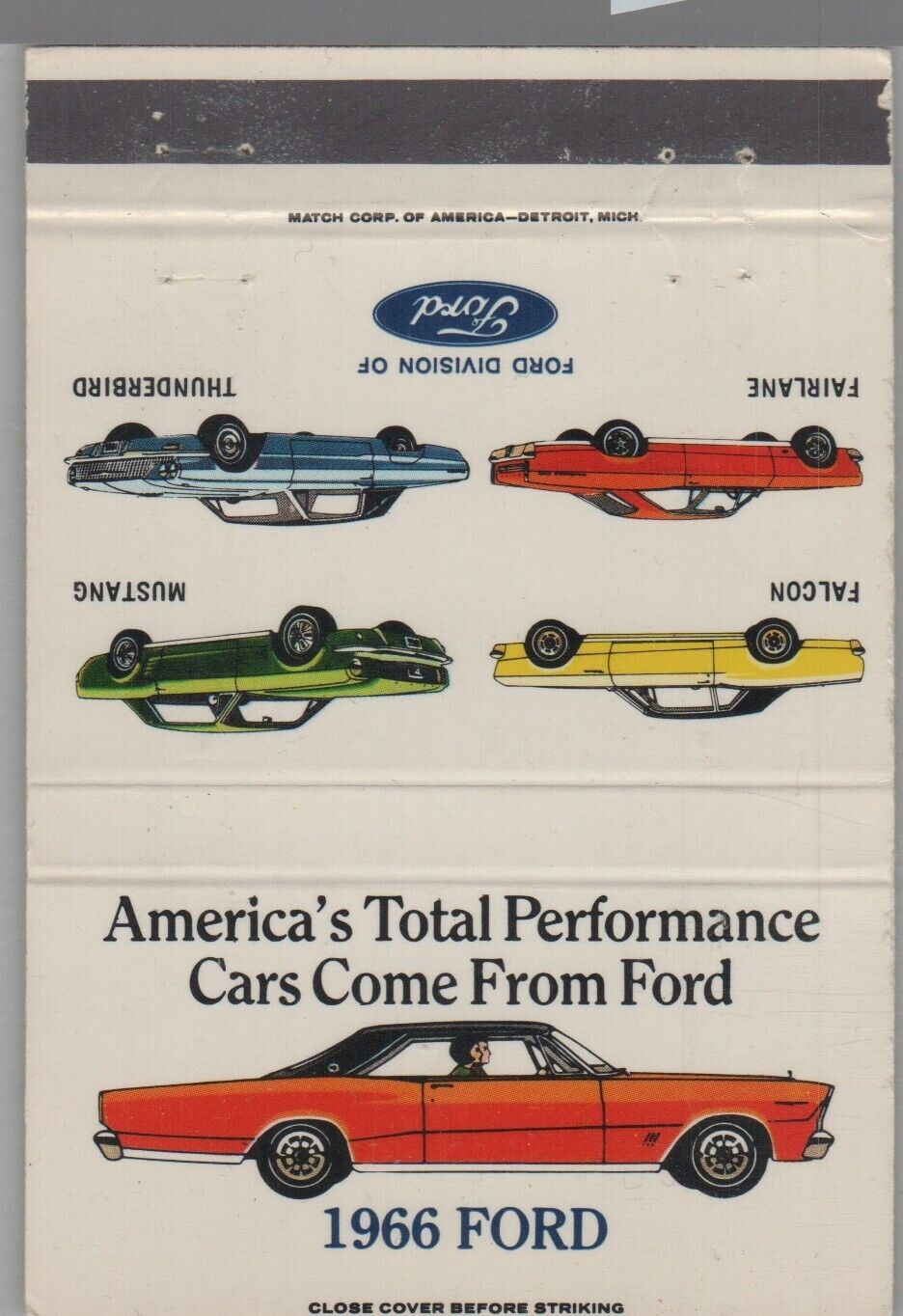 40 Strike Matchbook Cover - 1966 Fords Mustang T-Bird Falcon Fairlane