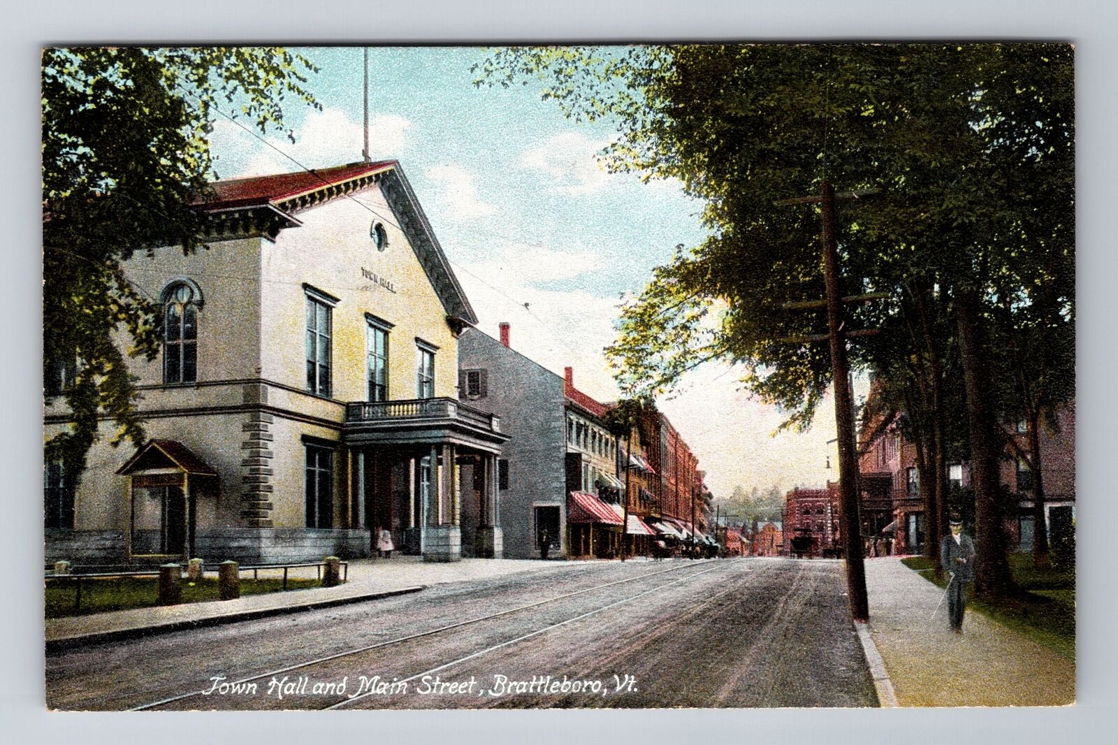 Brattleboro VT-Vermont, Town Hall And Main Street, Antique, Vintage Postcard
