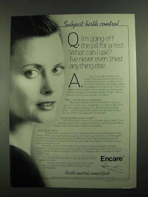 1981 Encare Birth Control Ad - Off The Pill for a Rest