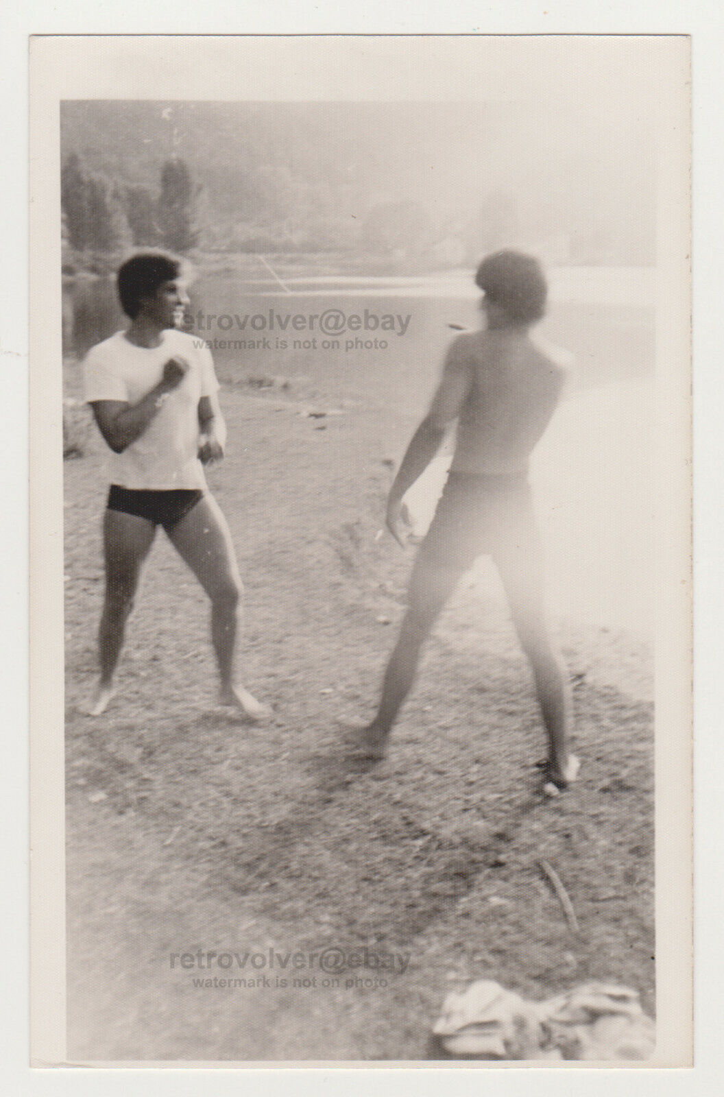 Two Affectionate Handsome Young Men Beach Shirtles Trunks Gay Int Snapshot Photo