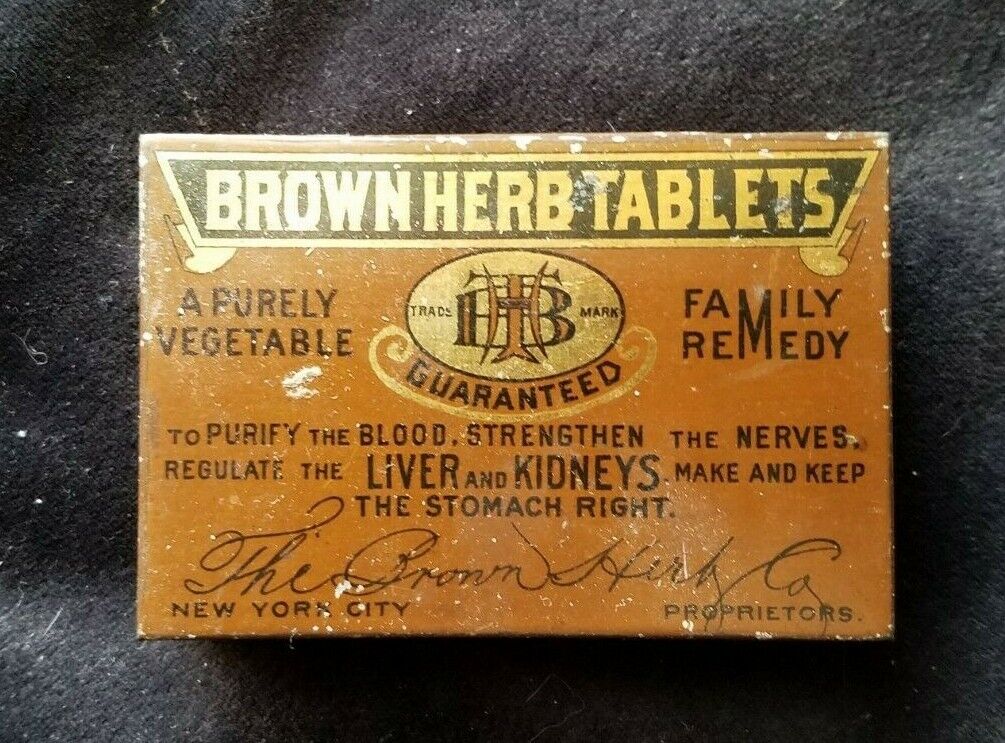 Old Herbal Medicine Tin Brown Herb Tablets Brown Herb Co NY Family Remedy Nerves