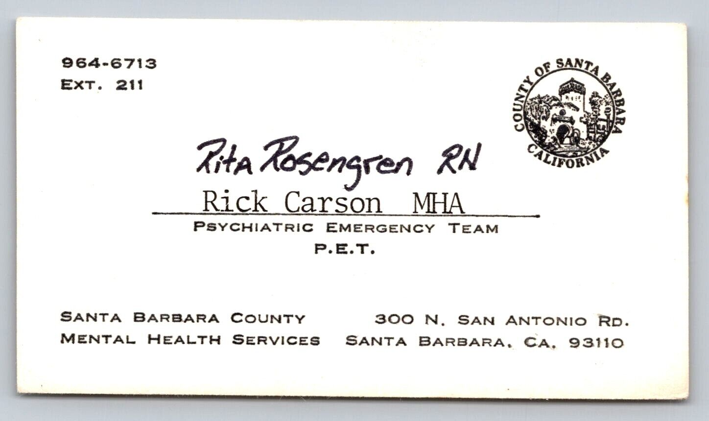 Vintage Business Card County of Santa Barbara CA Psychiatric Mental Health