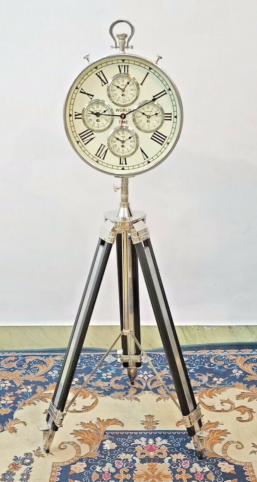 Vintage World Time Clock Black Chrome Tripod Stand Handmade Decorative Clock