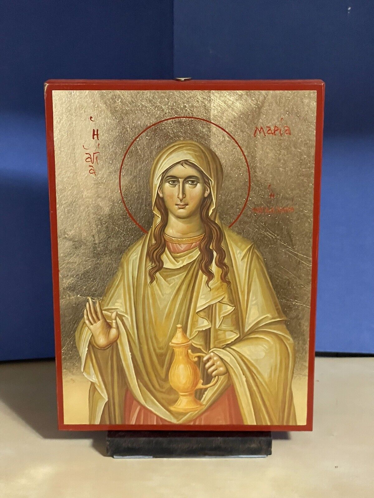 SAINT MARY MAGDALEN, THE MYRRH BEARER -WOODEN ICON FLAT, WITH GOLD LEAF 5x7 inch