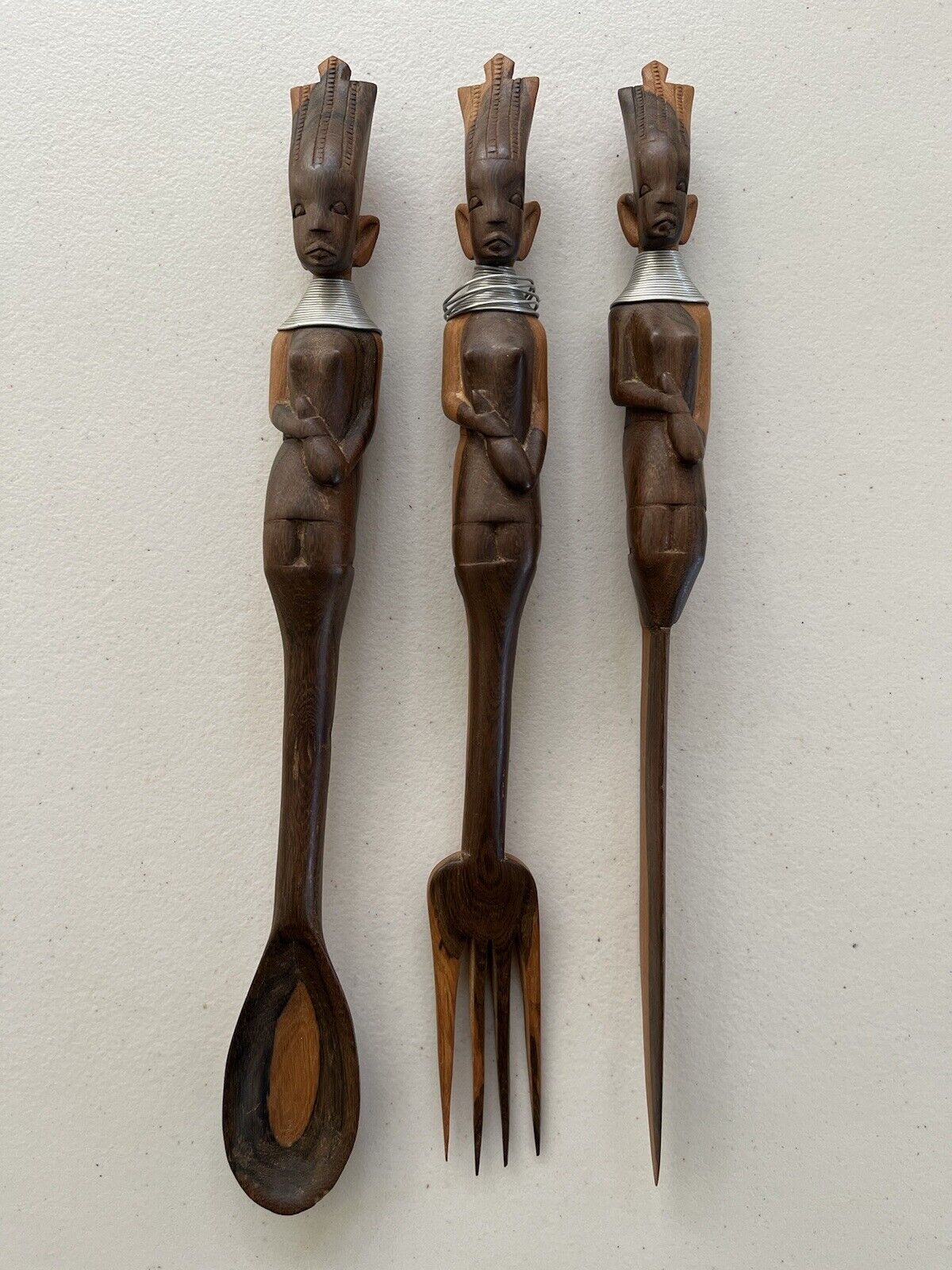 African Tribal Woman Spoon Fork And Knife Wood Carved 12” Long Serving decor