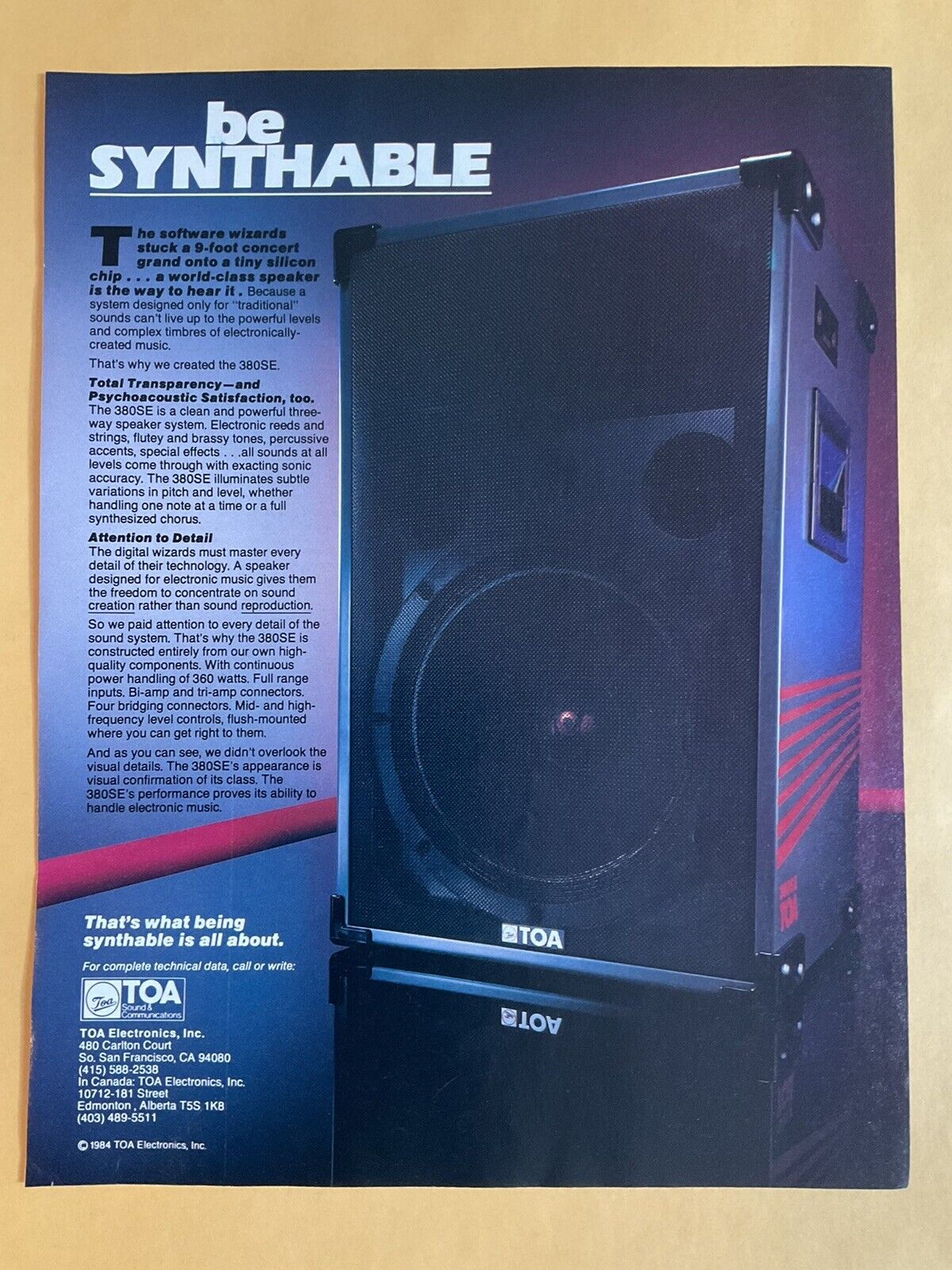 1984 TOA Sound Print Ad 380SE Be Synthable Speaker Keyboard  Orig VTG 84-1