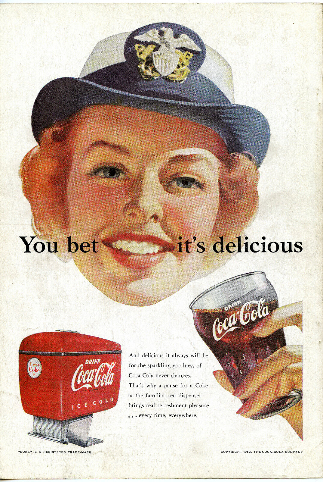 You Bet It\'s Delicious Coca Cola 1952 Vintage Advertisement Pretty WAVE