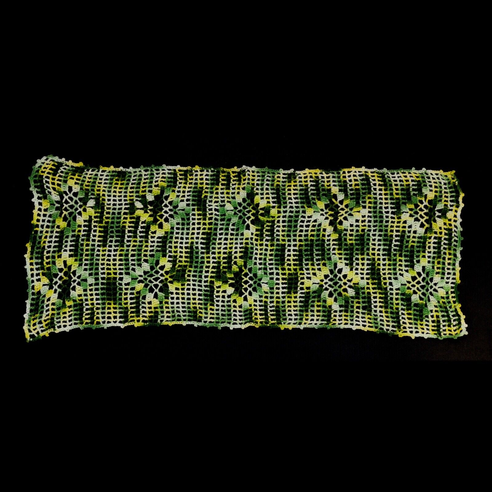 Hand Crocheted Cotton Lace Green Doily Mat Rectangular 23 x 8.5\