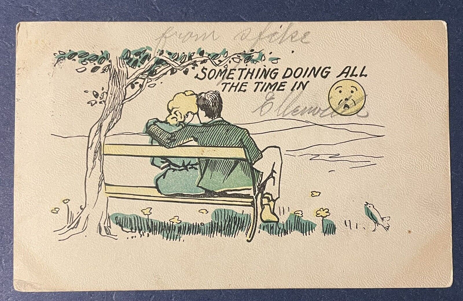 Postcard Something Doing All The Time In Ellenville Couple Hugging On Bench 1905