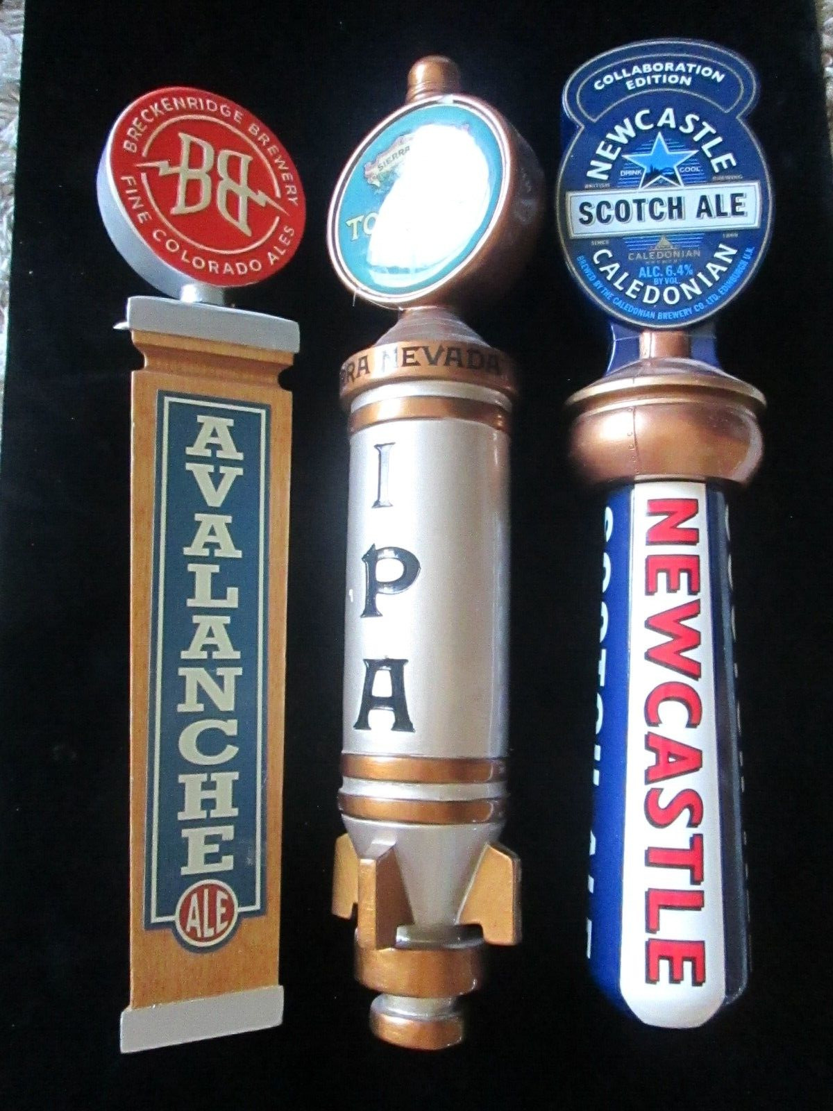 3 Beer Tap Handles Breckenridge Brewery Avalanche Ale, Torpedo IPA, Newcastle