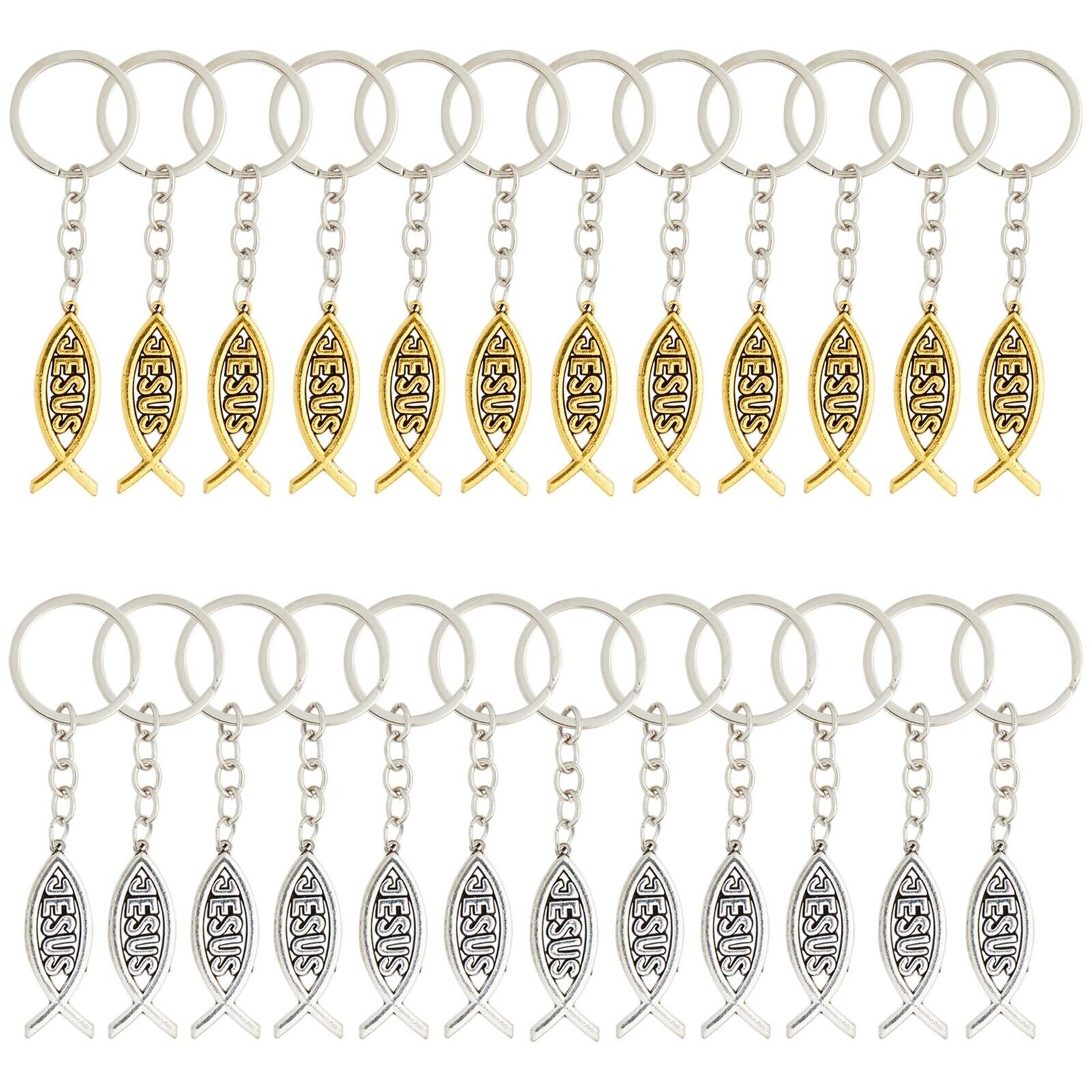 24 Pack Metal Jesus Fish Keychains, Christian Gifts, Silver and Gold-Colored