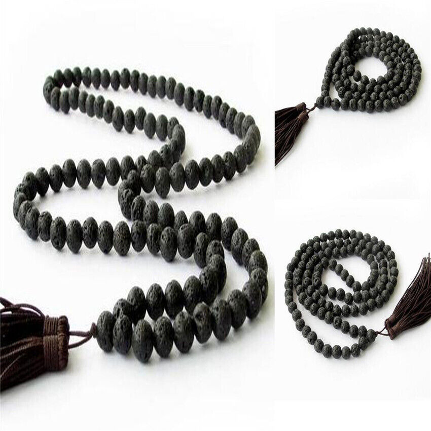 6mm Lava Stone 108 Buddha Beads Tassels Necklace energy Handmade Meditation