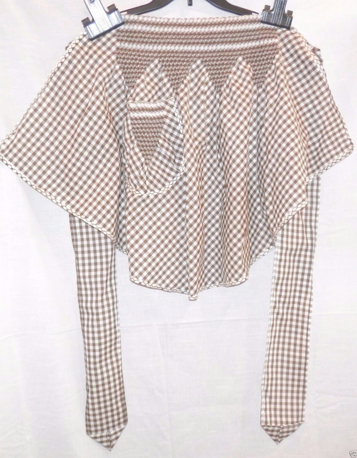 Vintage Apron, Brown White Gingham, Smocked, Cafe style, Detailed Work See Pics