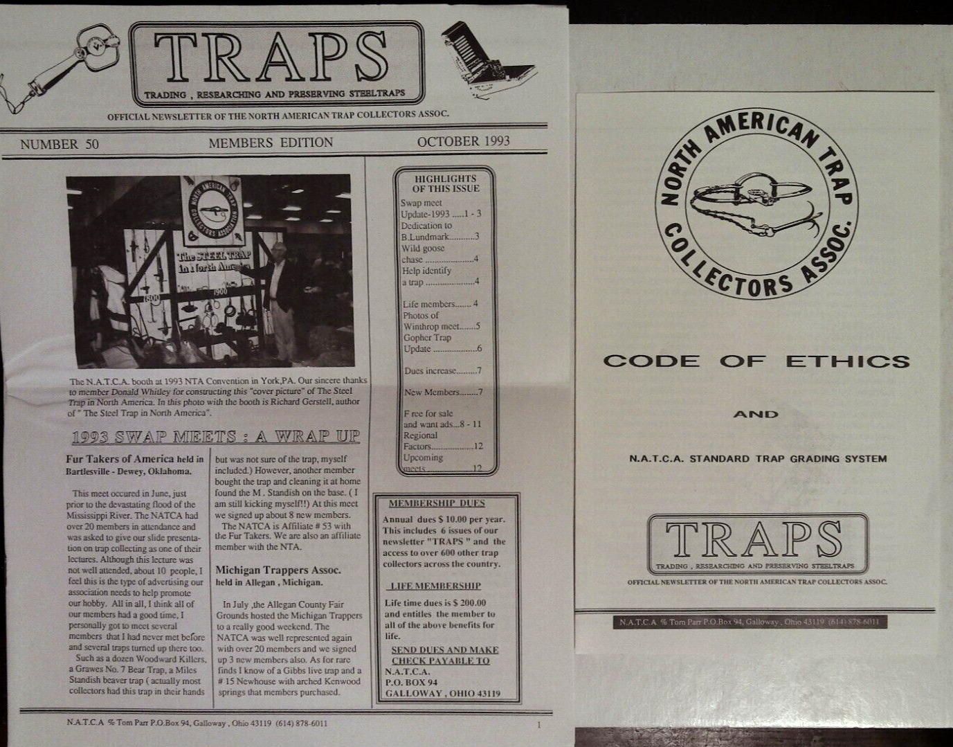 1993 TRAPS NEWLETTER & N.A.T.C.A. CODE OF ETHICS & MEMBERSHIP APPLICATION LOT