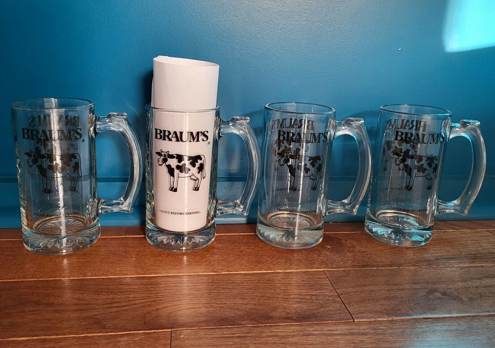 Set Of 4 Braum’s Dairy Stores Frost Before Serving Clear Glass Mugs Cow *As Is*