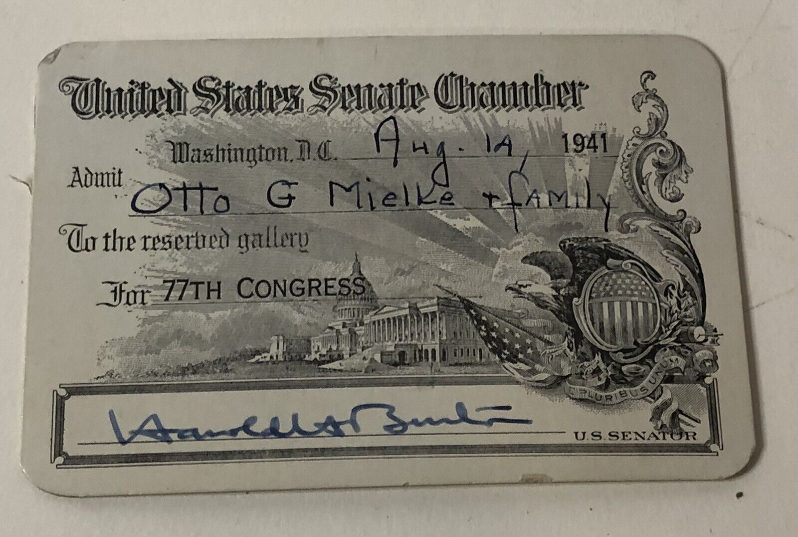 1941 U.S. Senate Chamber Pass Signed Senator Harold H Burton 77th Congress Ohio