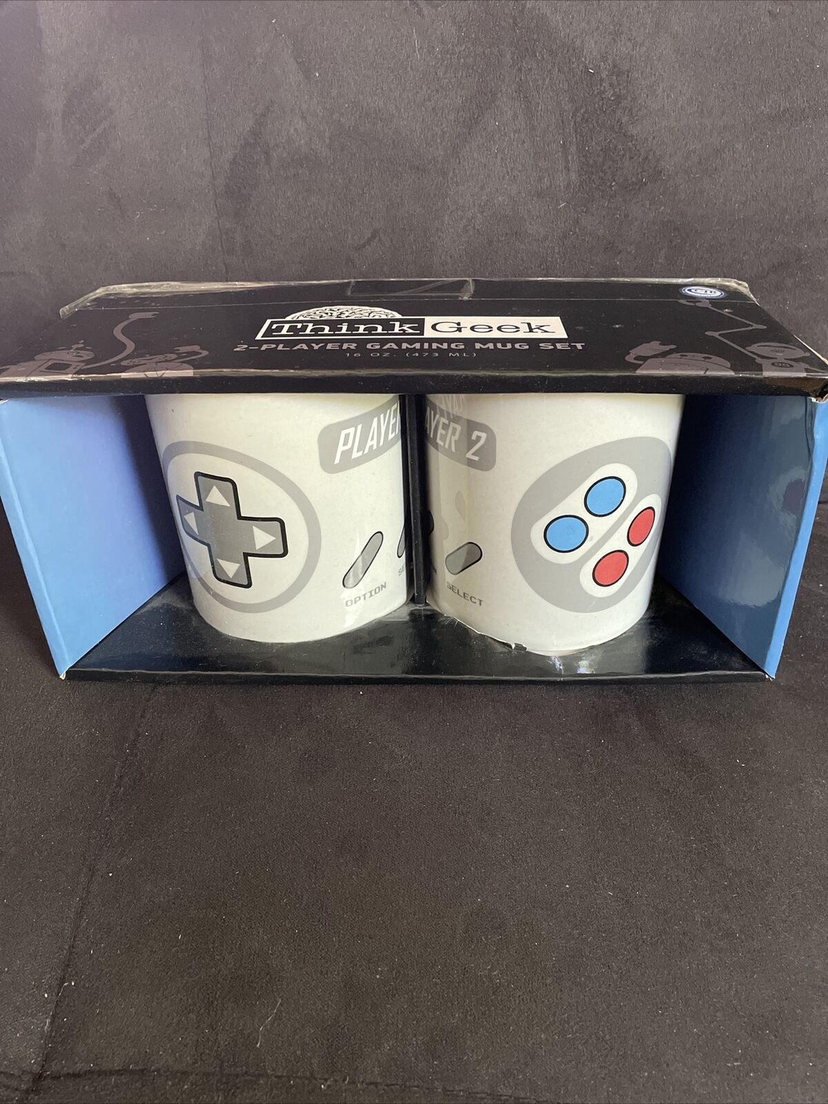 Set of 2 ThinkGeek Video Game Player 1 & Player 2 Gray Ceramic Mugs Coffee Cups