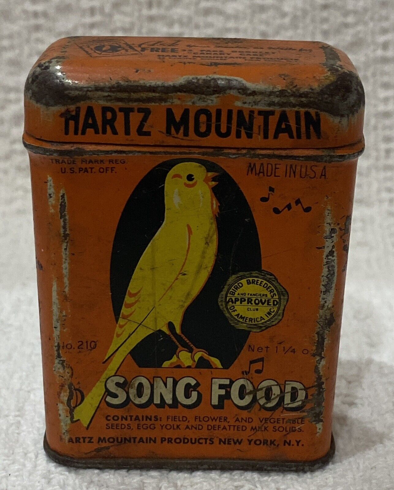 Vintage Hartz Mountain Song Food Empty Metal Tin Canary Food Container