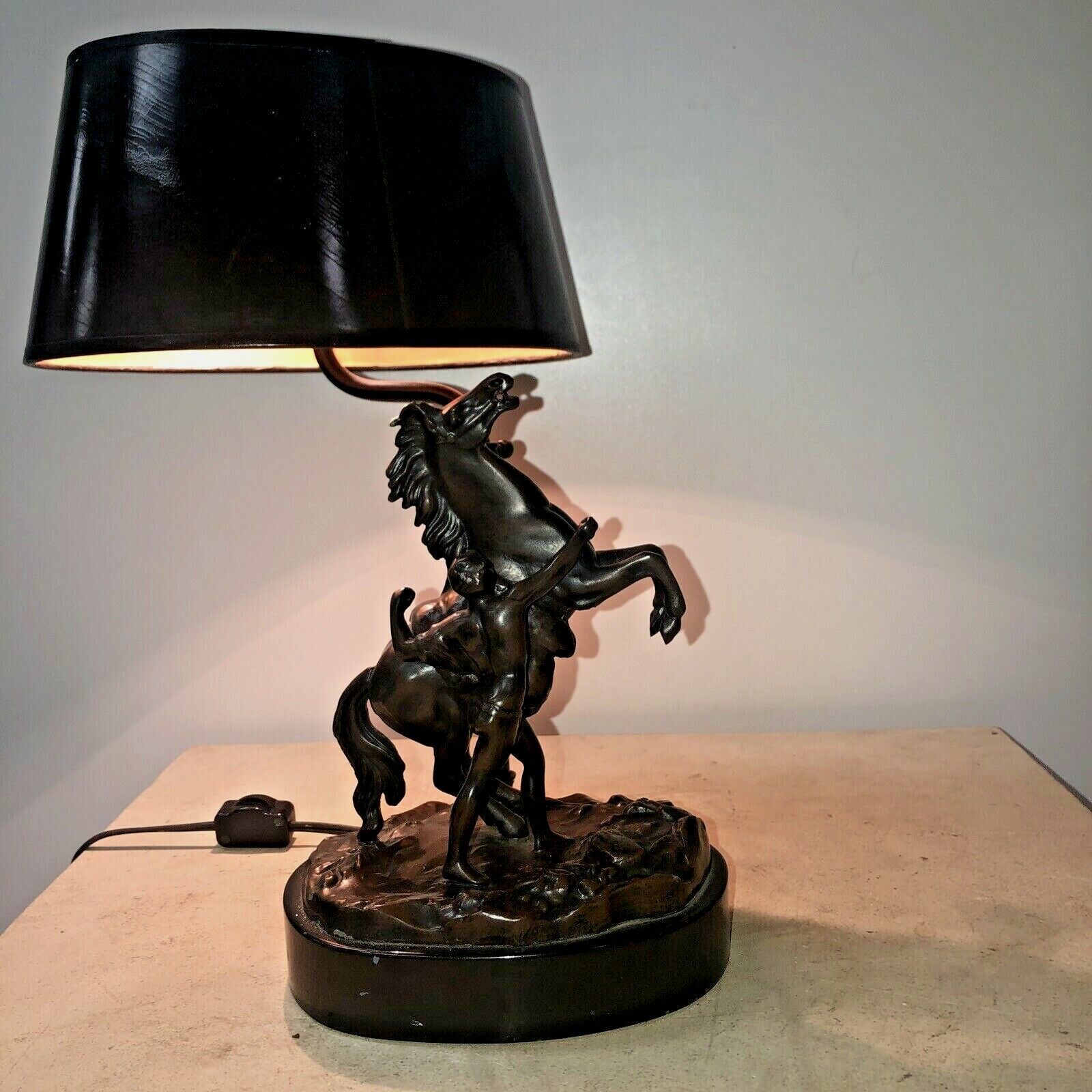 Vintage Bronze Horse Statue Table Lamp with Oval Black Shade 
