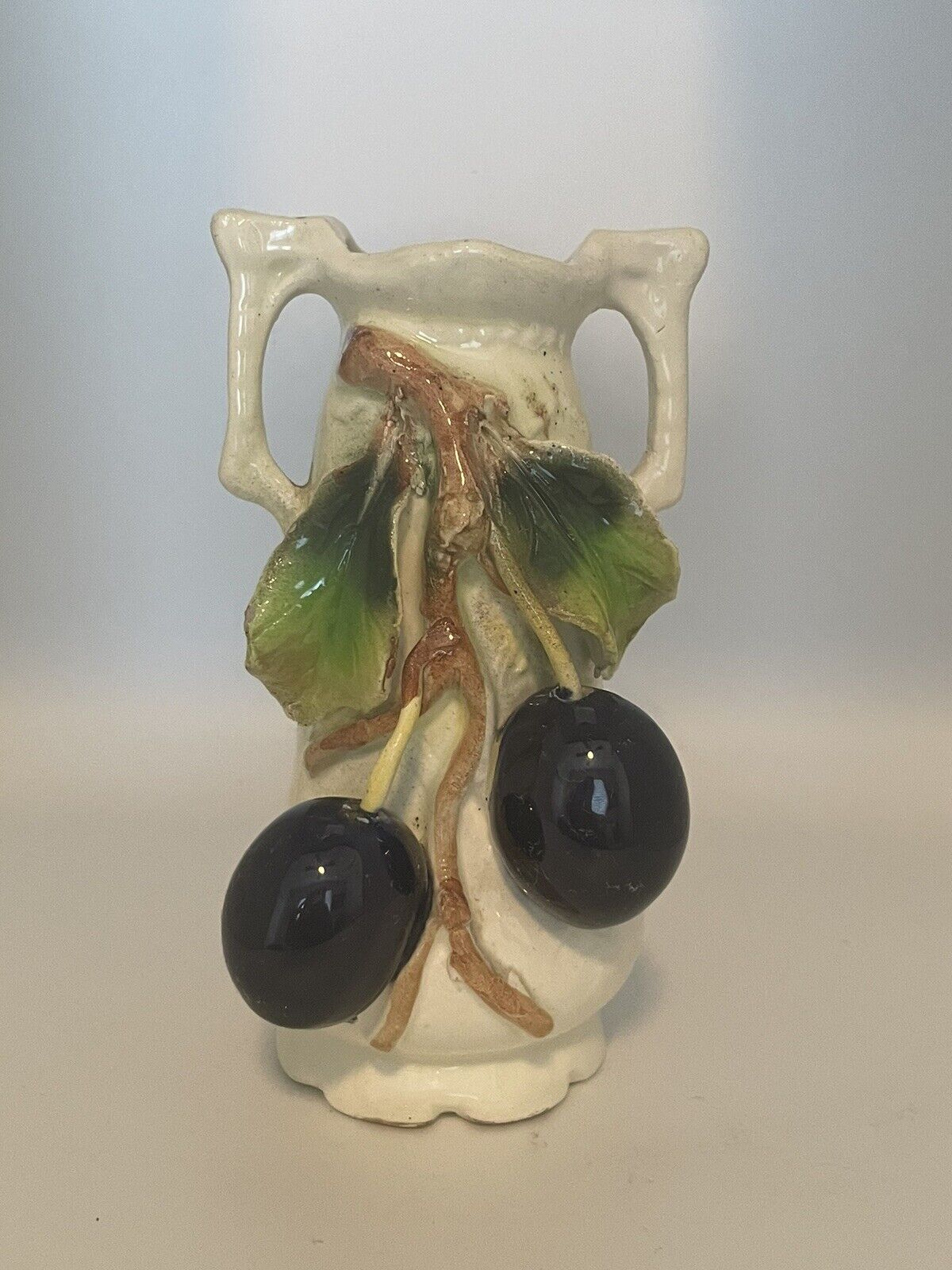 Vintage Austrian Pottery Majolica 3D Applied Leaves Plums Fruit Vase