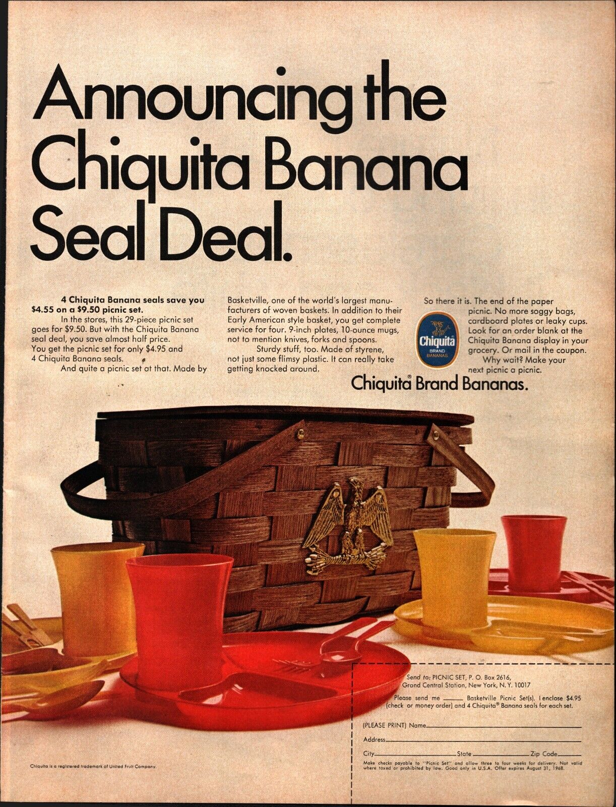 1968 Chiquita Banana Vintage Print Ad Seal Deal Picnic Basket Set c4