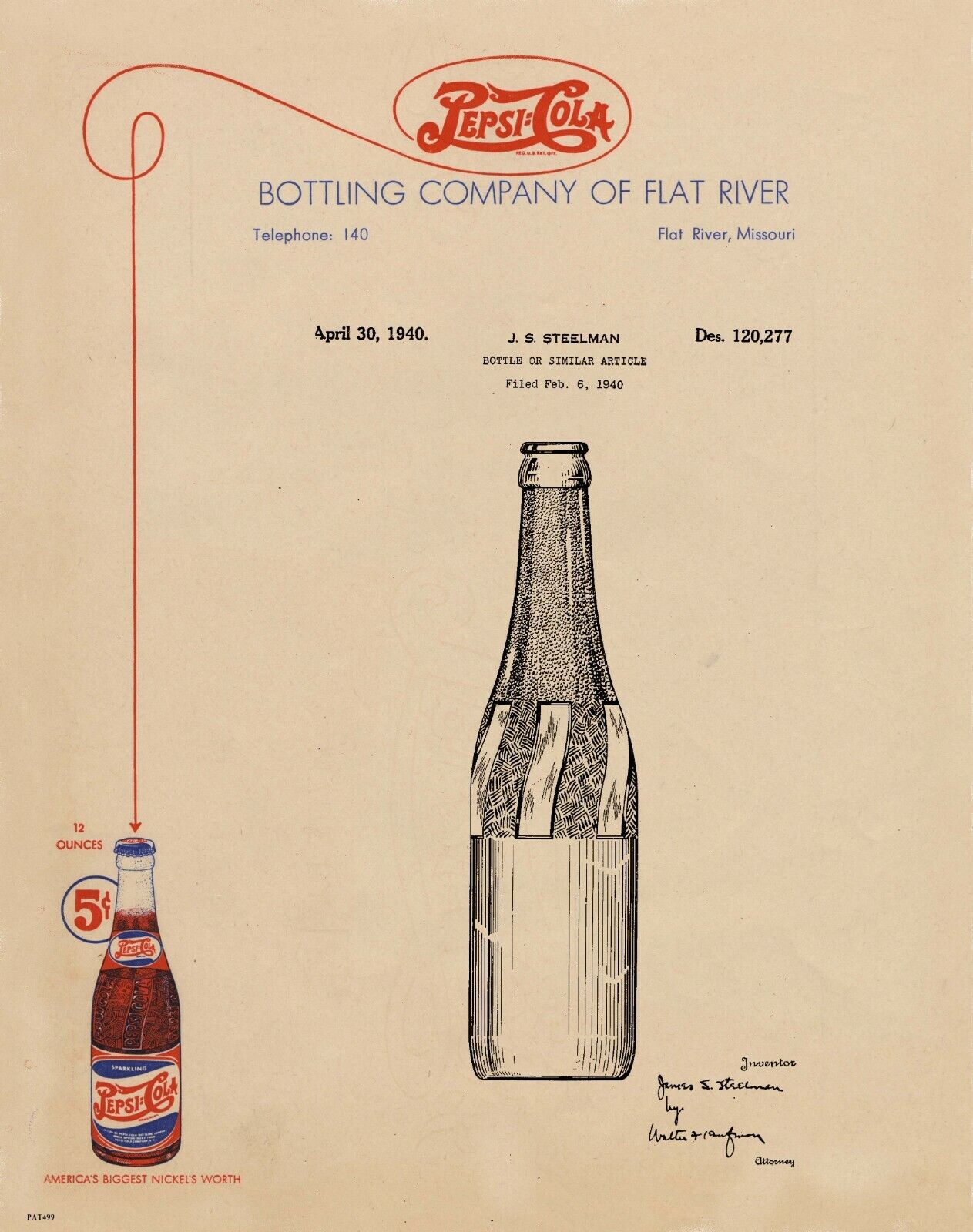Pepsi Cola Bottle 1940 Patent Art Print Vintage Letterhead Collector Wall Decor