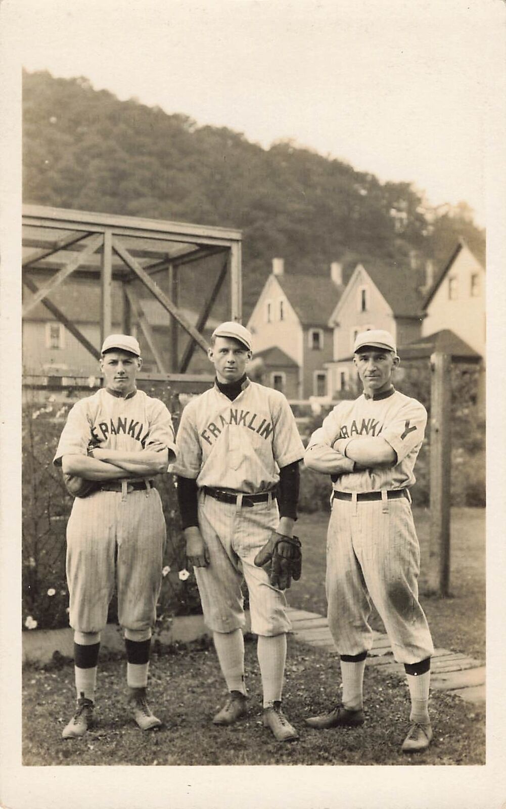 1910s RPPC Baseball Team 3 Players FRANKLIN men GREAT CONTRAST PHOTO Farm school