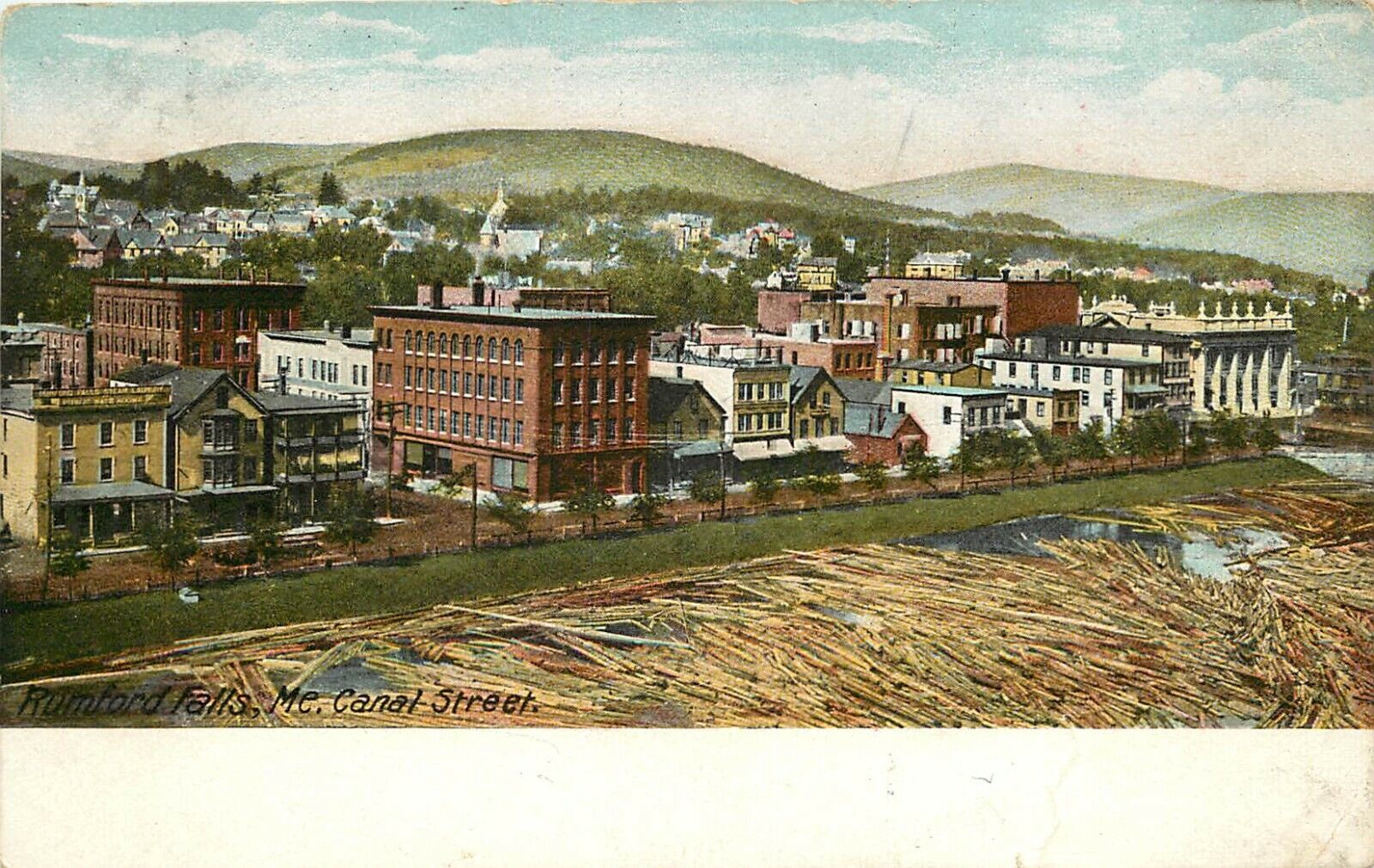 Vintage Postcard; Rumford Falls ME Canal Street Scene & Log Jam, Posted 1909 