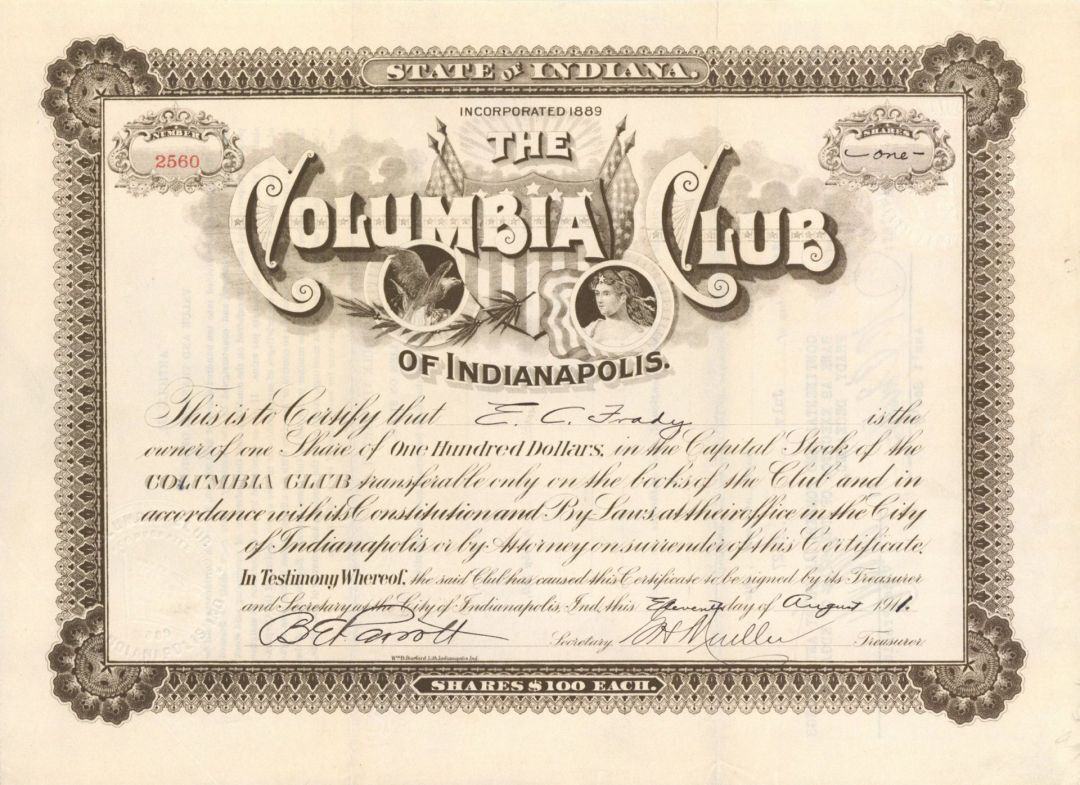 Columbia Club of Indianapolis - Stock Certificate - Clubs