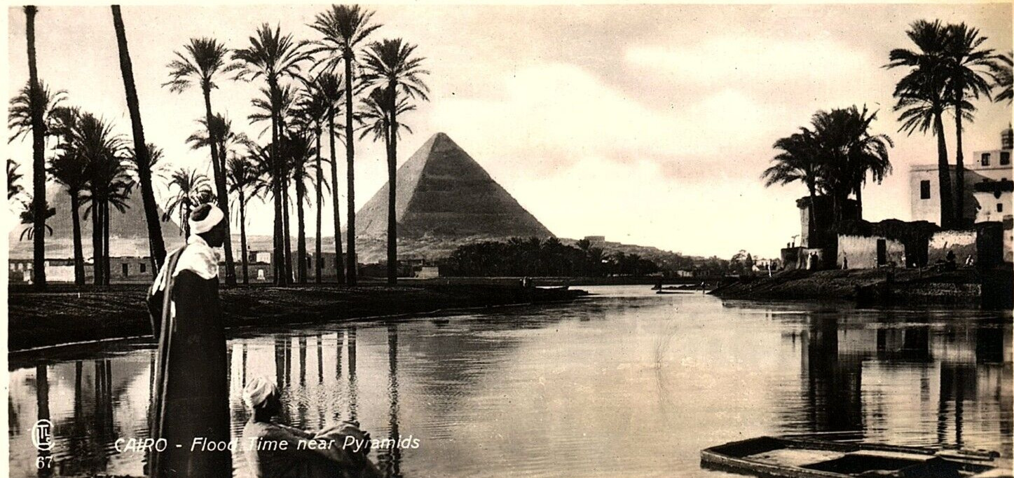 1920s CARIO EGYPT FLOODTIME AT PYRAMIDS  RPPC POSTCARD P1648