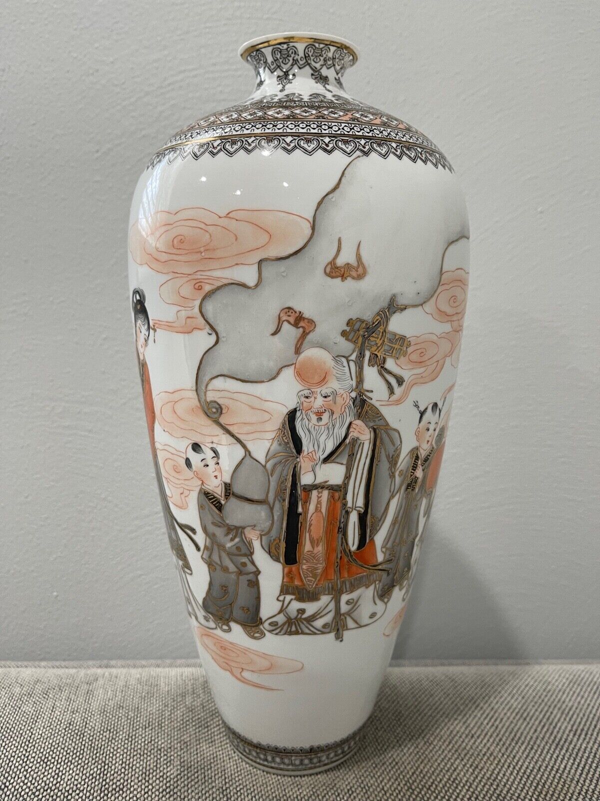 Vtg Chinese Eggshell Porcelain Vase Qianlong Mark Immortal Children Peach Dec.