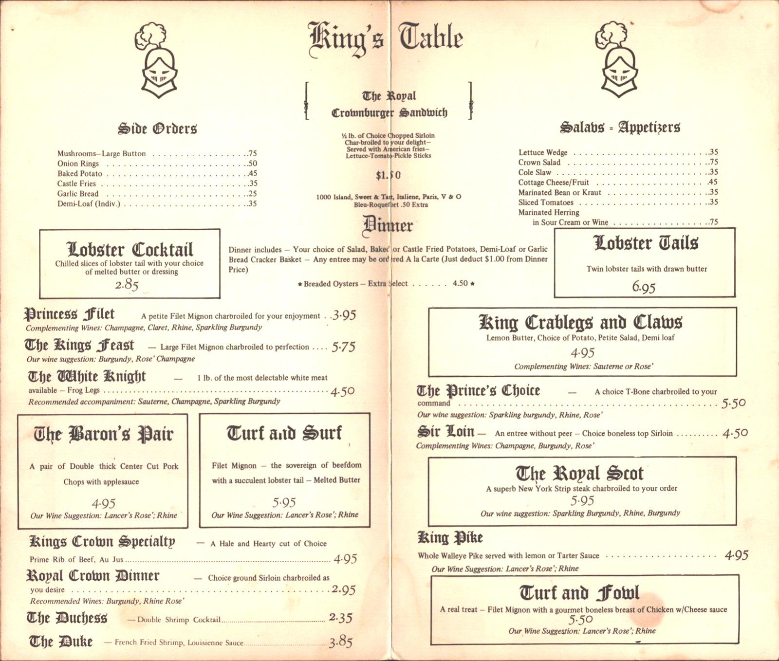 1960s KING'S TABLE RESTAURANT vintage dinner menu SEAFOOD & STEAKS unknown place