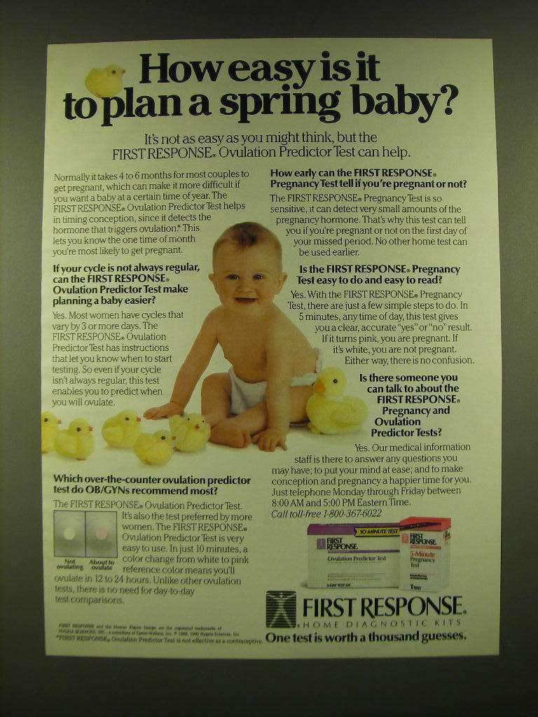 1990 First Response Ovulation Predictor and Pregnancy Tests Ad - Spring Baby