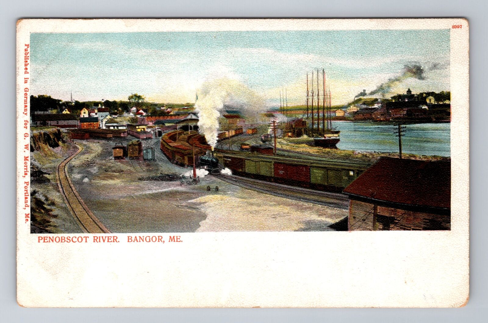 Bangor ME-Maine, Penobscot River, Steam Train, Antique Vintage Souvenir Postcard