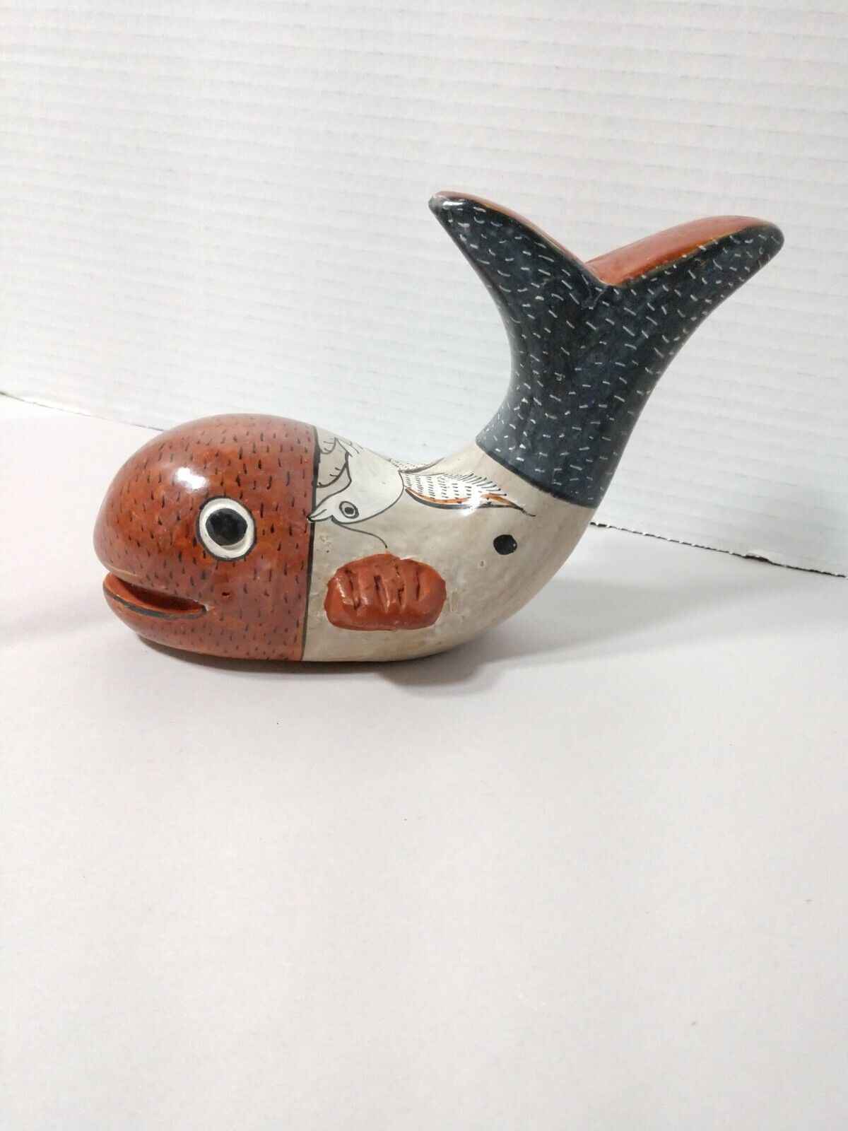 Mexico Pottery Whale Figurine Handmade Hand Painted Tail Up Clay Ceramic Signed 