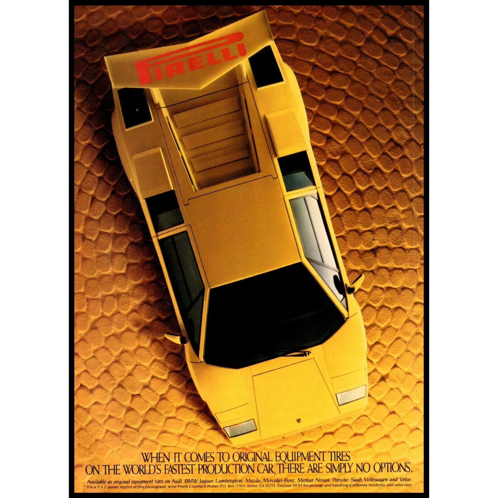 1989 Pirelli Tires Yellow Lamborghini Countach Vintage Print Ad Italian Wall Art