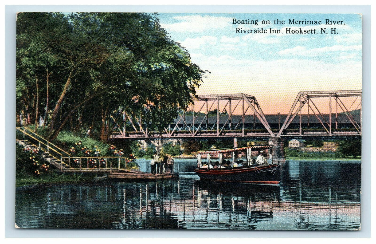 Hooksett NH Boating on the Merrimac River Postcard Riverside Inn Bridge