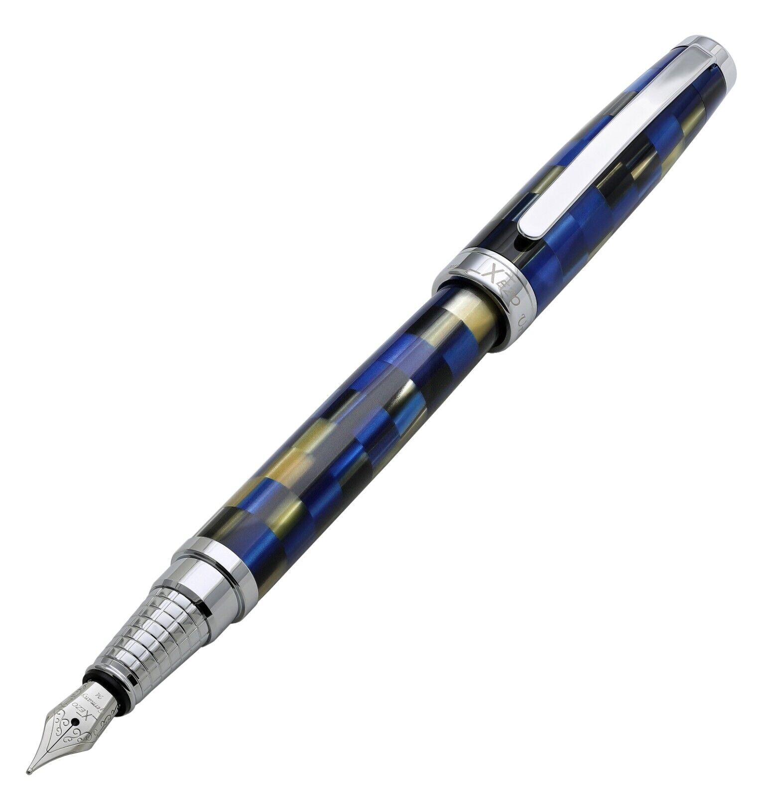 Xezo Urbanite Medium Nib Fountain Pen, Modern Blue Acrylic & Brass Chrome Plated