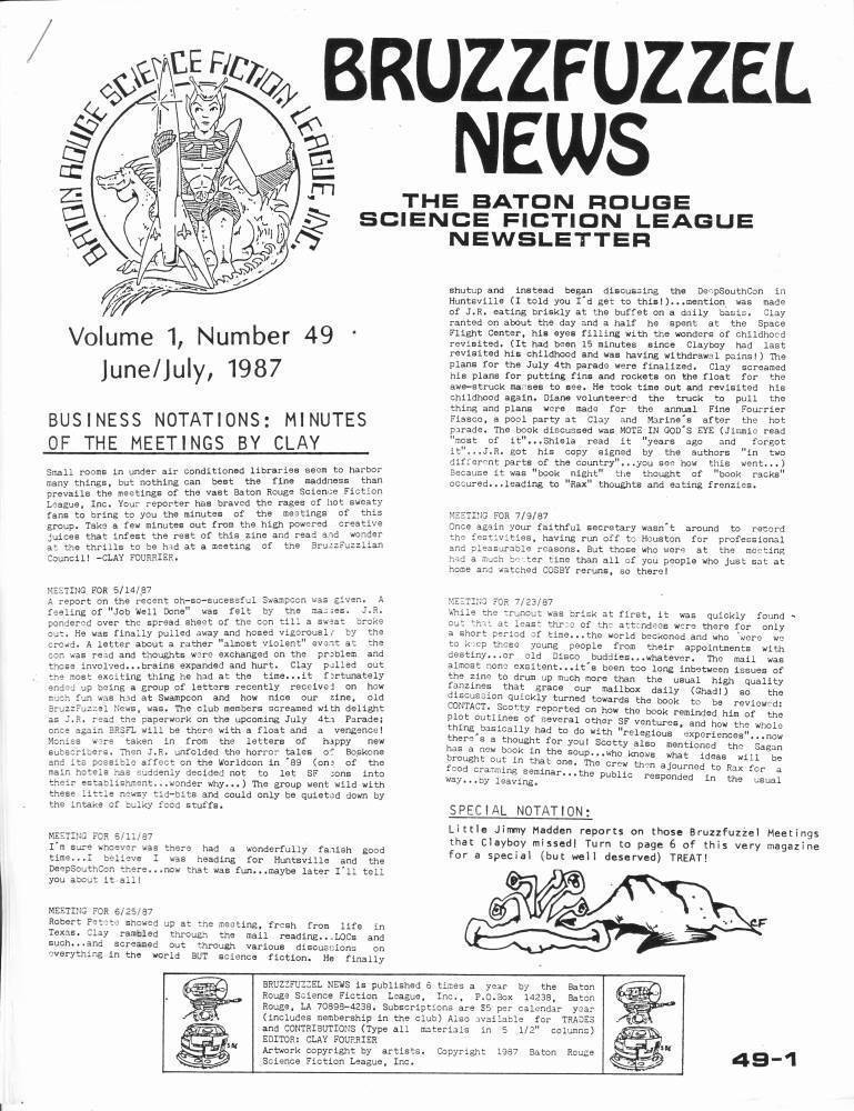 BRUZZFUZZEL NEWS #49-51 - Baton Rouge Science Fiction Newsletter - 1987 fanzine