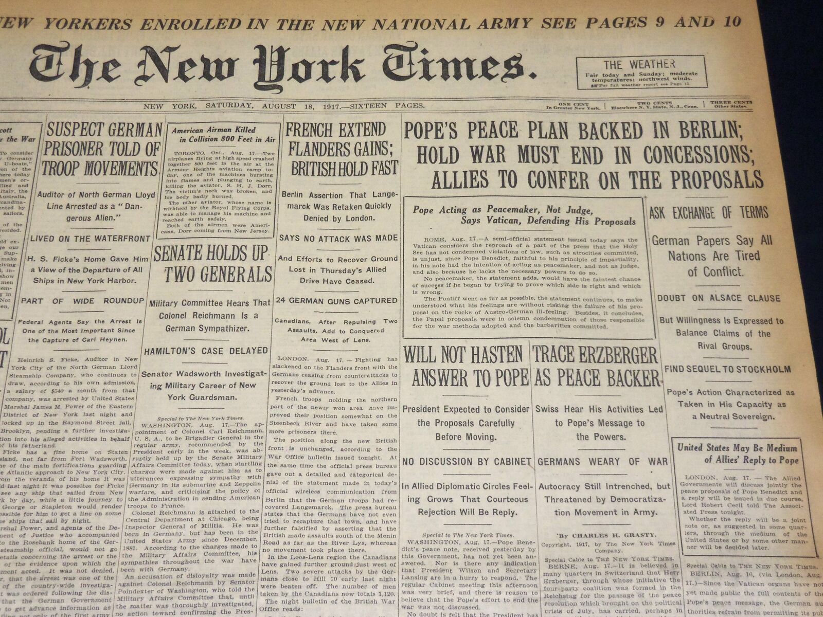 1917 AUGUST 18 NEW YORK TIMES - POPE\'S PEACE PLAN BACKED IN BERLIN - NT 8528