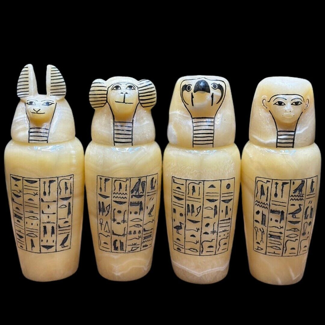 RARE ANCIENT EGYPTIAN ANTIQUES Set 4 Canopic Jars Of Real Alabaster Stone 35 Cm