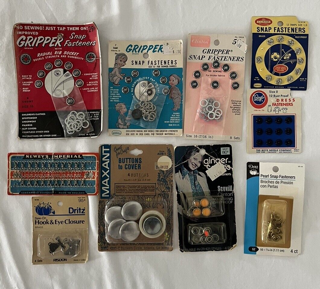 Lot Of 10 Packs Of Vintage Snaps And Hook And Eye Loops Button Covers Sewing