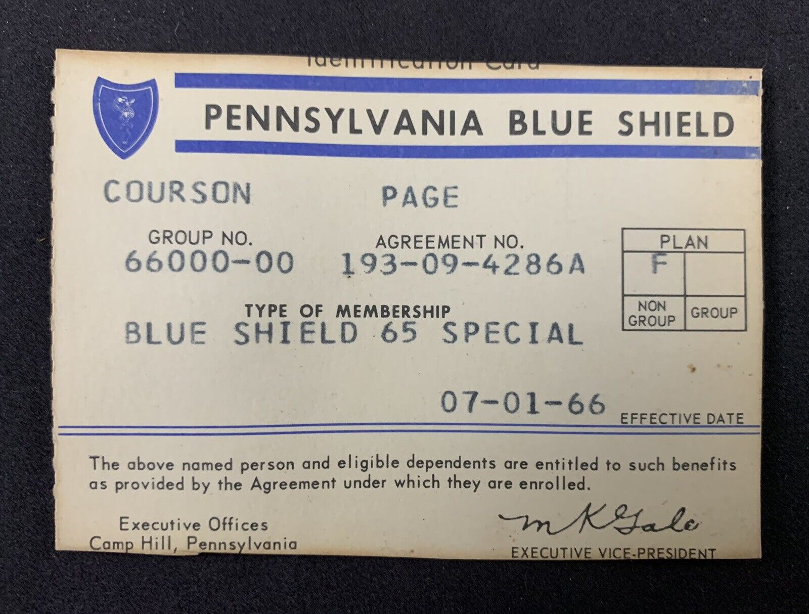 Vintage 1966 Pennsylvania Blue Shield Health Insurance Card